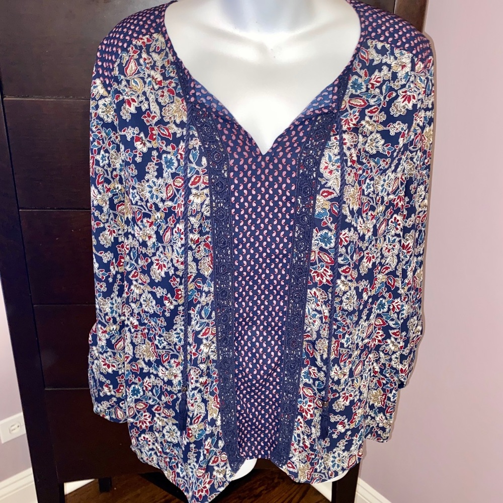 NWOT DR2 by Daniel Rainn Multi-Pattern Floral Split Neck Boho Peasant Top
